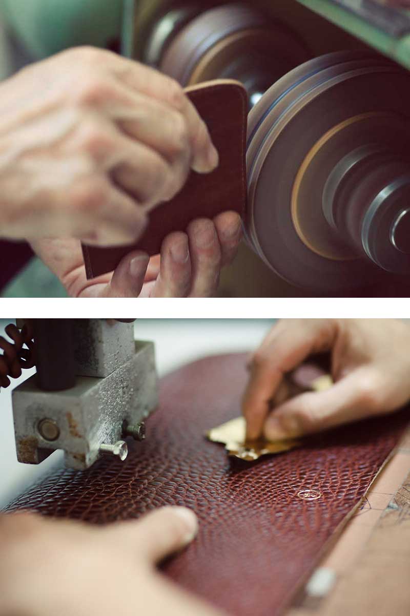 artisan inspecting leather bag for warranty quality