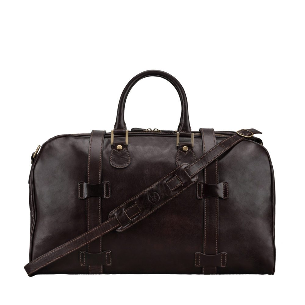 Backside of FleroM in Chocolate with the shoulder strap visible