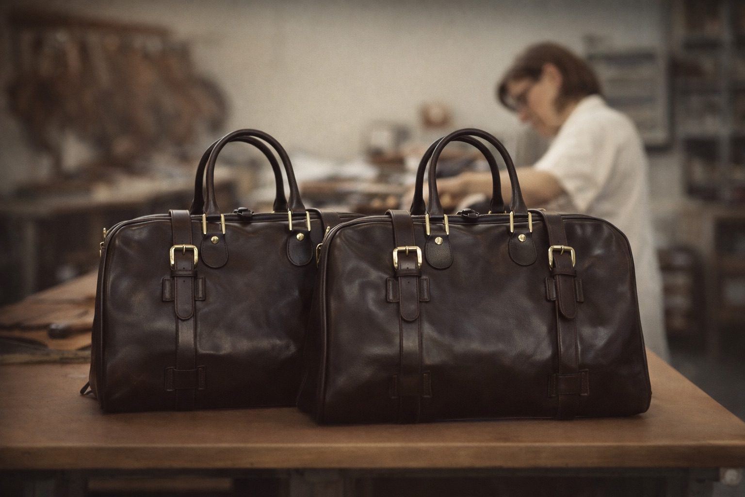craftspeople assembling italian leather bags
