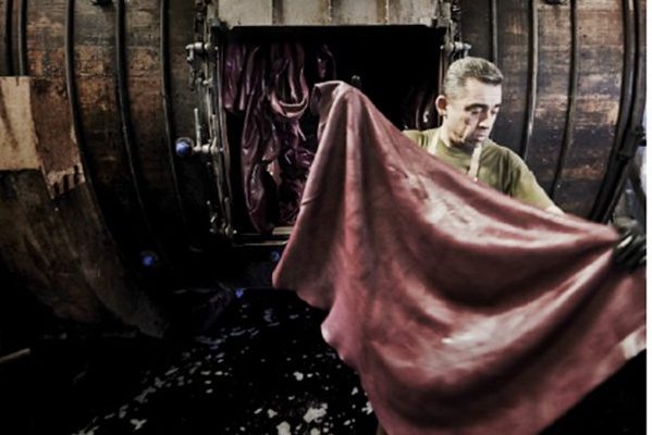 Vegetable-tanned leather hides drying in Italian leather workshop