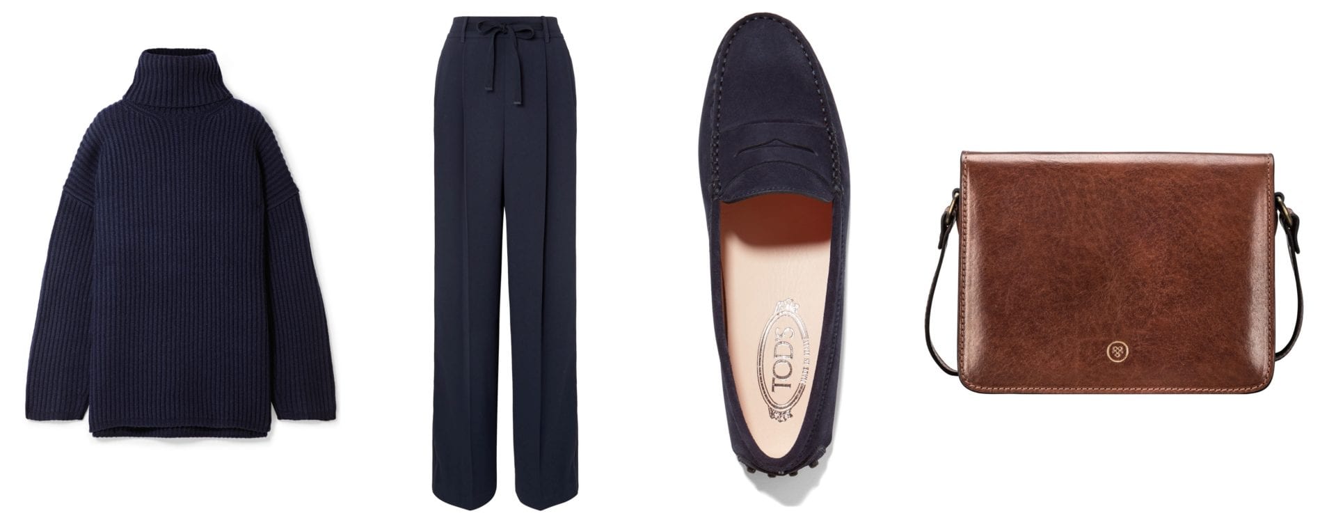 Blue Jumper and Trousers, with Blue shoes and Tan Leather Shoulder Bag Lucca