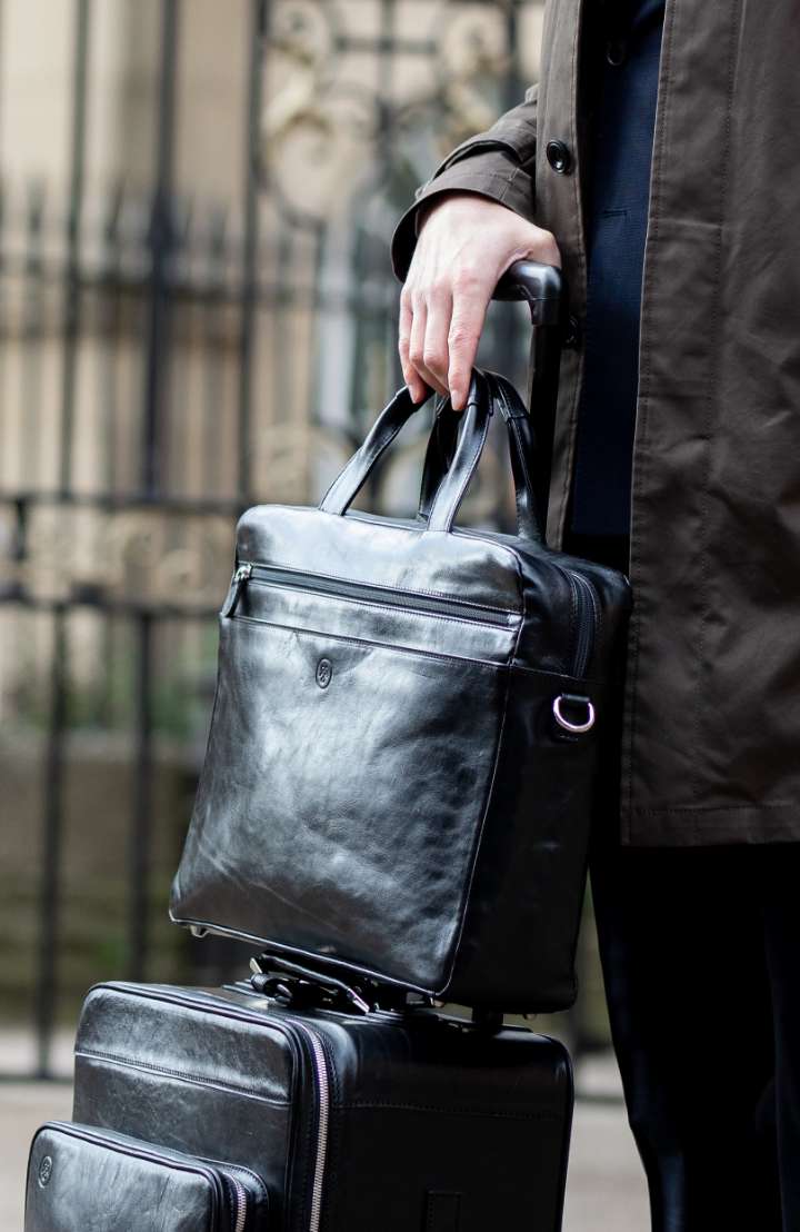 mens black luxury leather briefcase with trolley sleeve