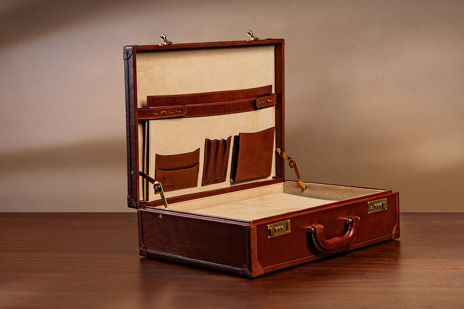 Hard-sided leather briefcase with wooden frame