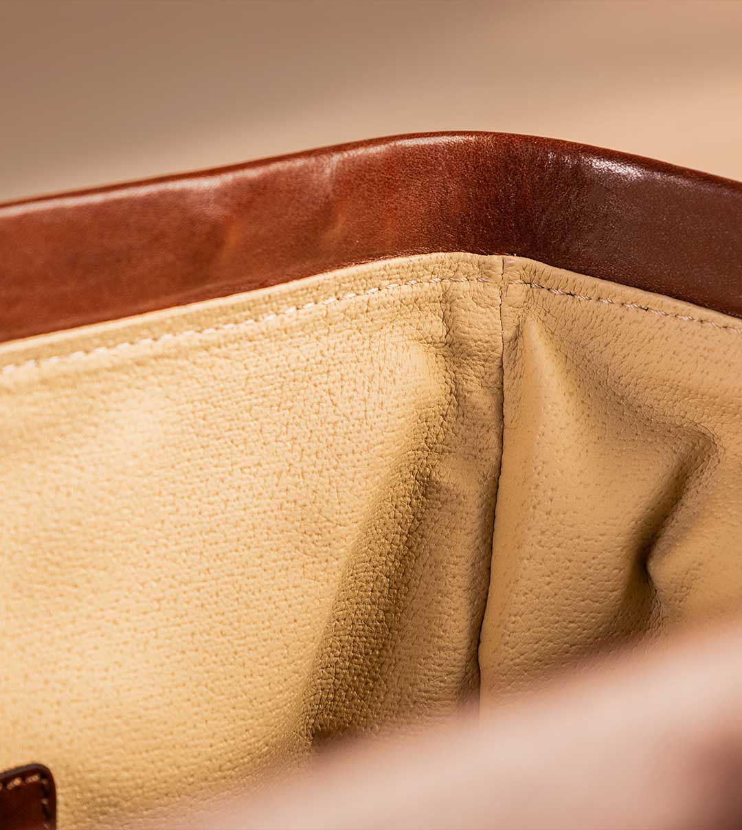 interior lining of luxury leather travel bag for men
