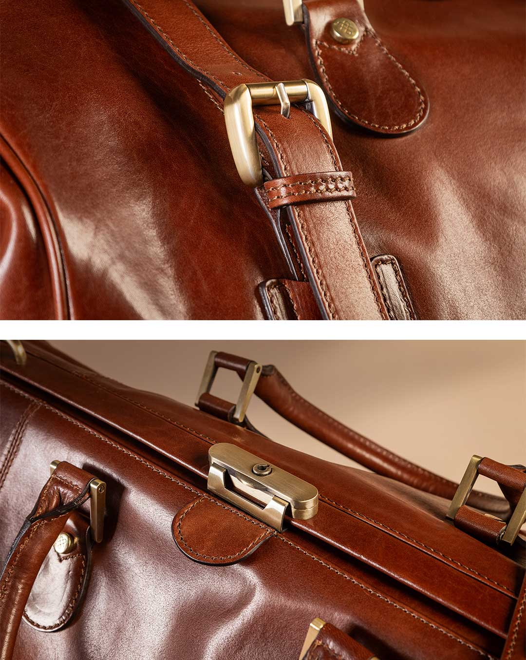 premium brass buckles on leather luggage in brown
