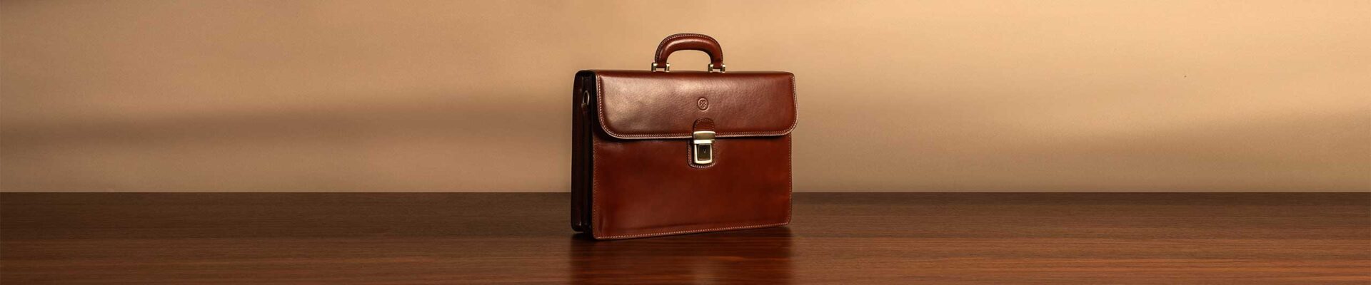 Paolo leather briefcase front view in chestnut tan leather