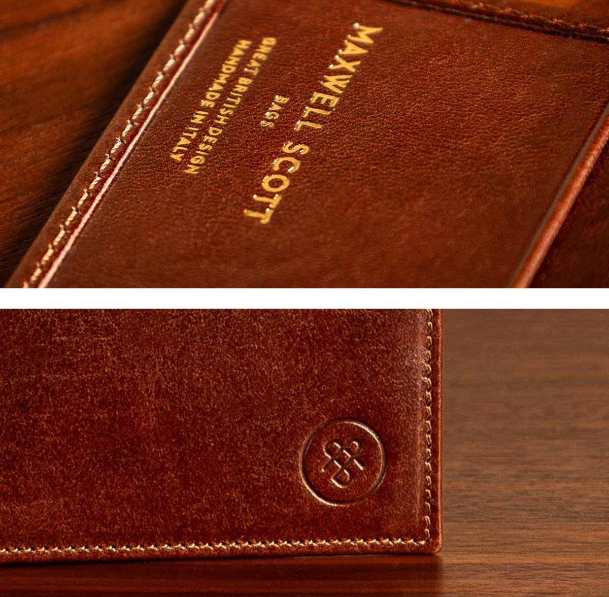 gold foil embossing on brown leather