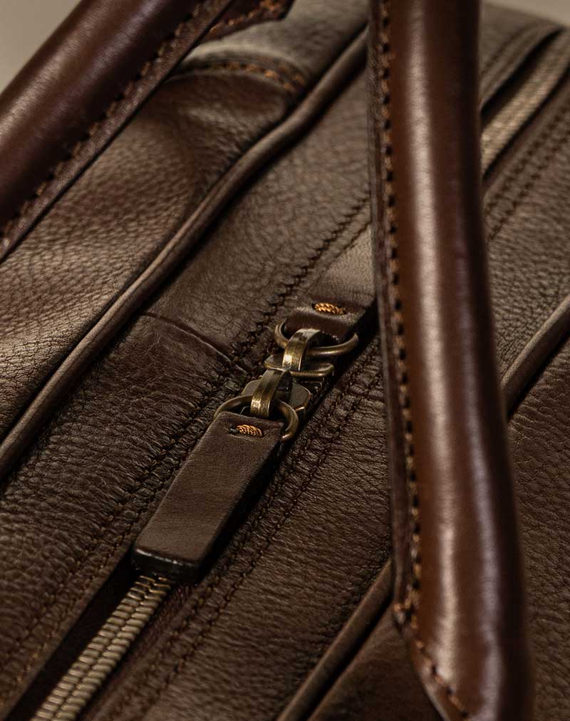 mens leather hand luggage with metal zip