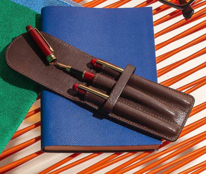 luxury brown leather 3 pen holder