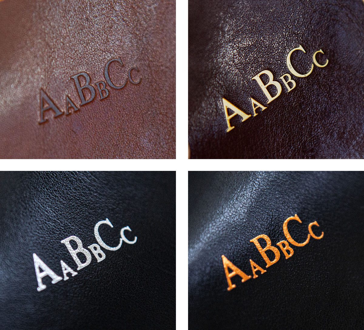 Close-up of blind embossing leather with logo impressions on dark hides