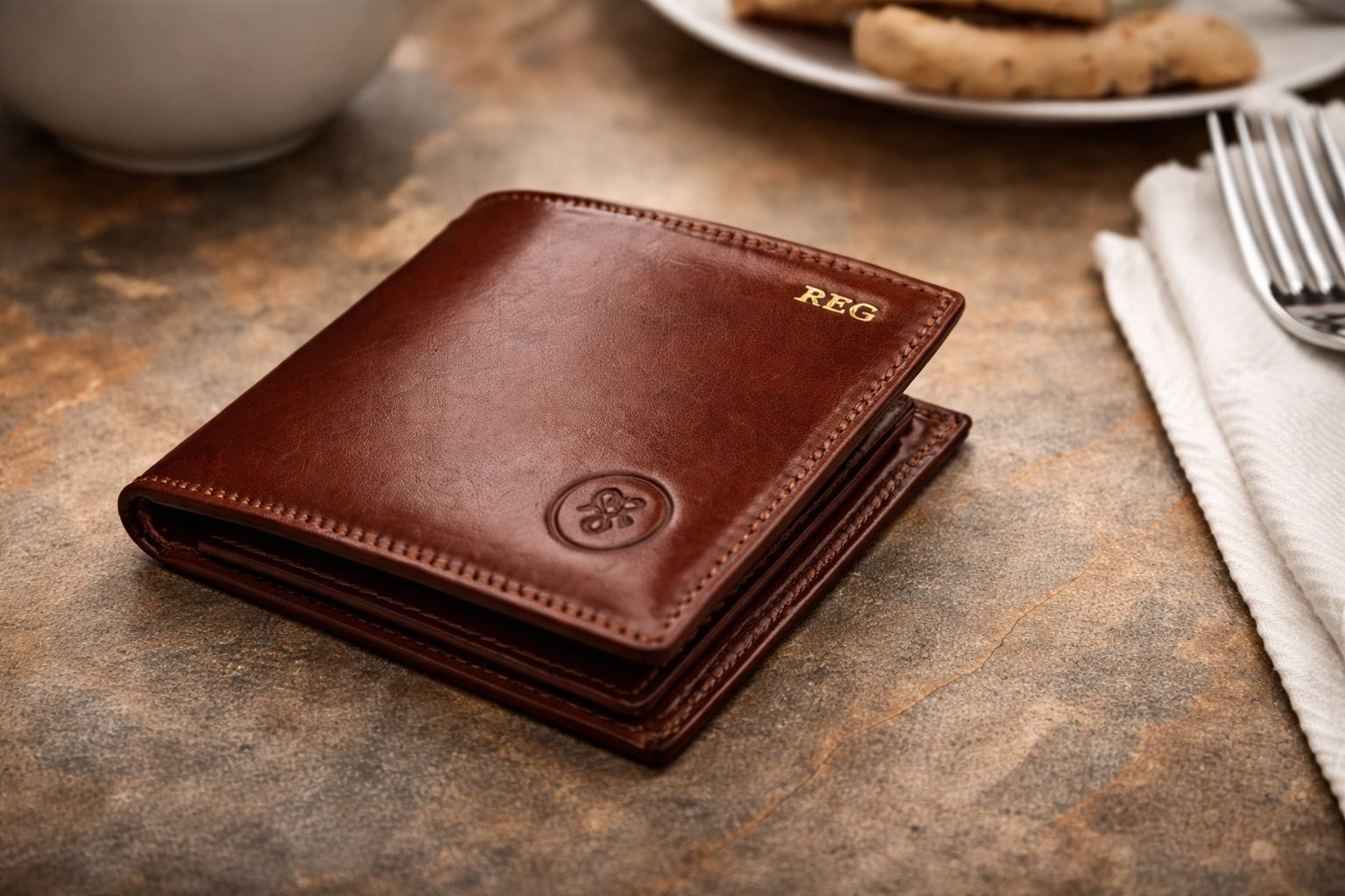 Premium brown wallet with leather embossing detail on tabletop
