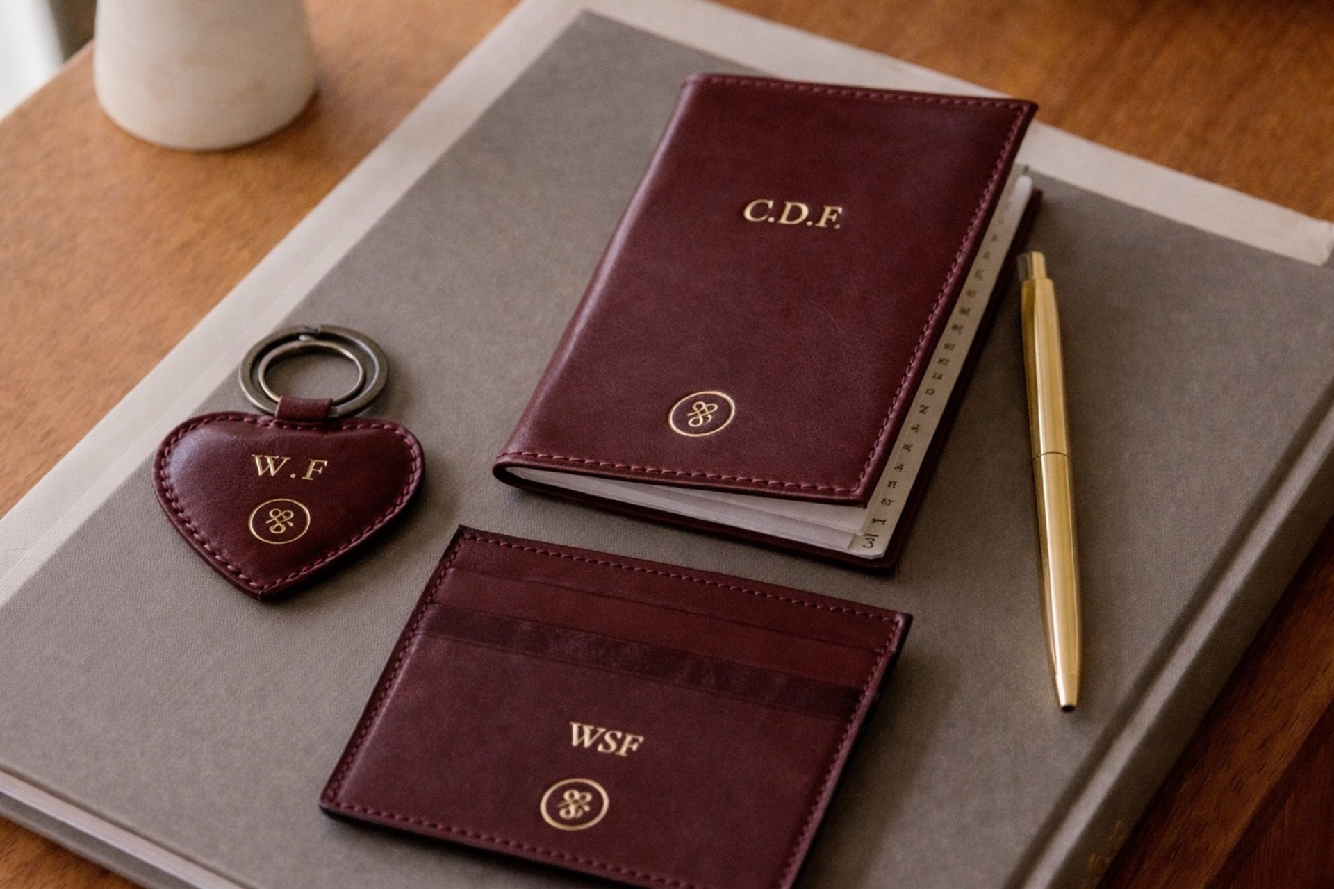 Leather notebook, keychain, and pen set with refined embossing leather finishes