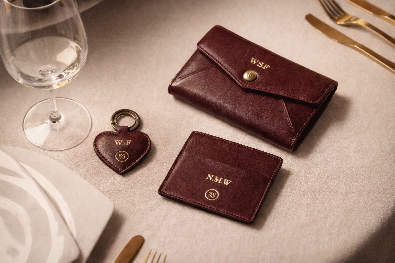 Elegant leather pouch and key fob with precise traditional leather embossing
