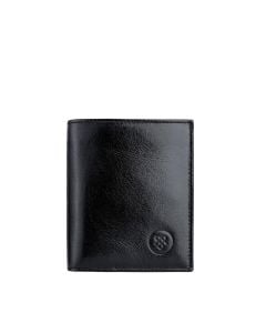 Close-up of Italian leather bifold wallet coin pocket with polished metal press-stud fastening