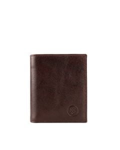 Close-up showing Maxwell Scott craftsmanship on fine Italian leather bifold wallet with coin compartment demonstrating durability and design excellence