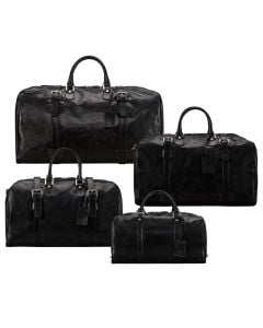 Four coordinated luxury leather holdalls side by side S M L XL