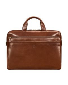 Top-end YKK Excella metal zip on front pocket of premium leather briefcase